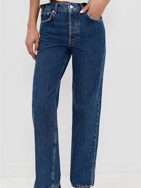 Anine Bing High-Rise Straight Leg Jeans — Dark Blue Denim